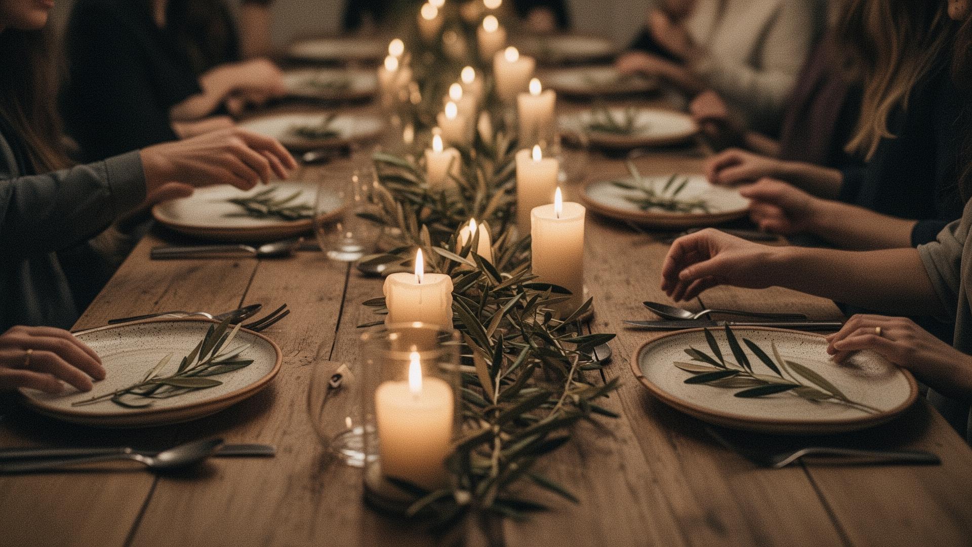 A candlelit communal dinner table